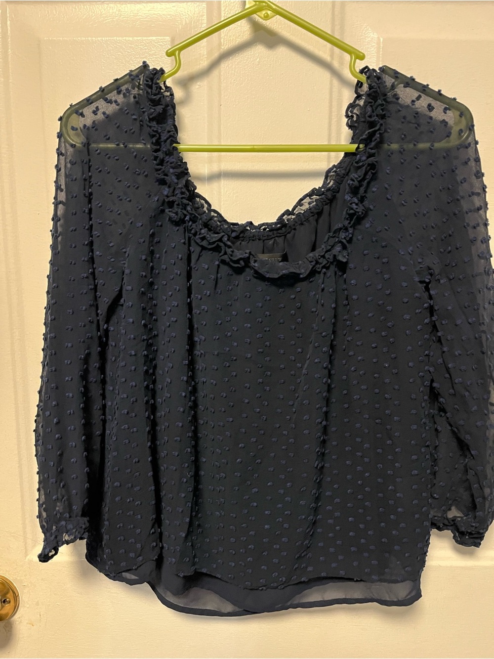 J. Crew Navy Swiss Dot Ruffle Neck Blouse
